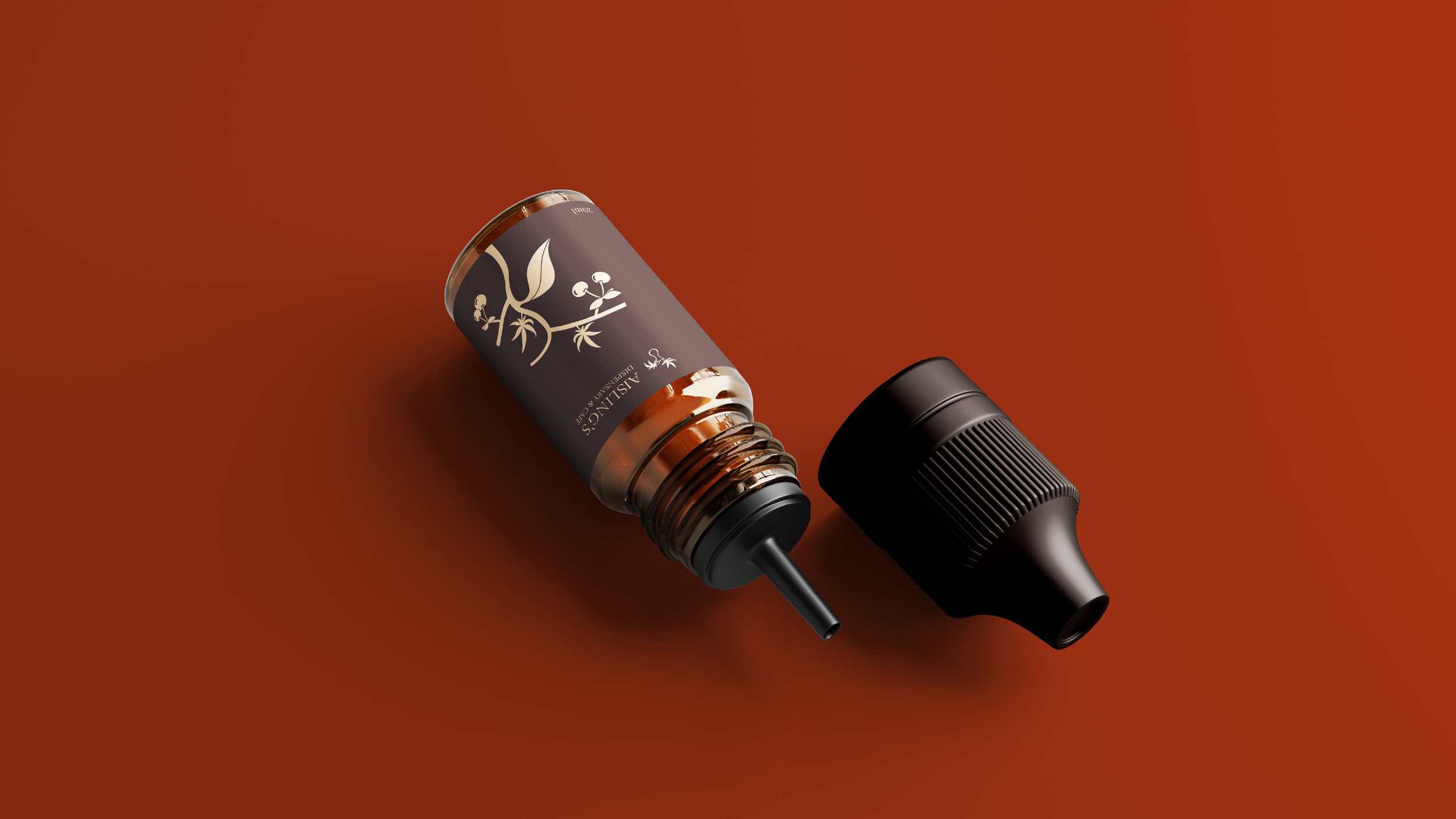 A brown dropper bottle with Aisling's black brand packaging for the 'cherry noir' flavour, next to its black cap.