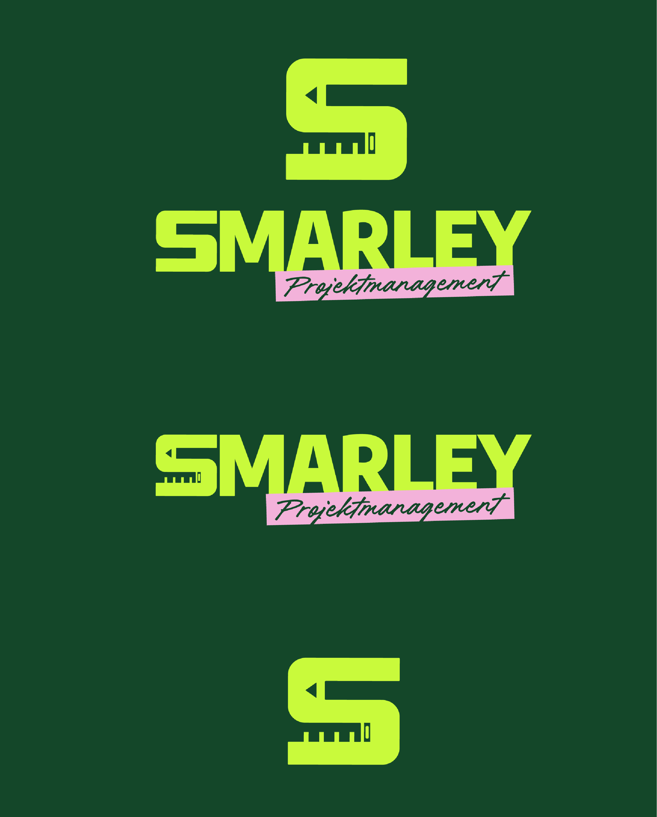 A logo with a green background featuring a stylized lime green measuring tape forming the letter 'S' at the top, followed by the word 'SMARLEY' in bold lime green font, and a pink ribbon below with the phrase 'Projektmanagement' in cursive black font.