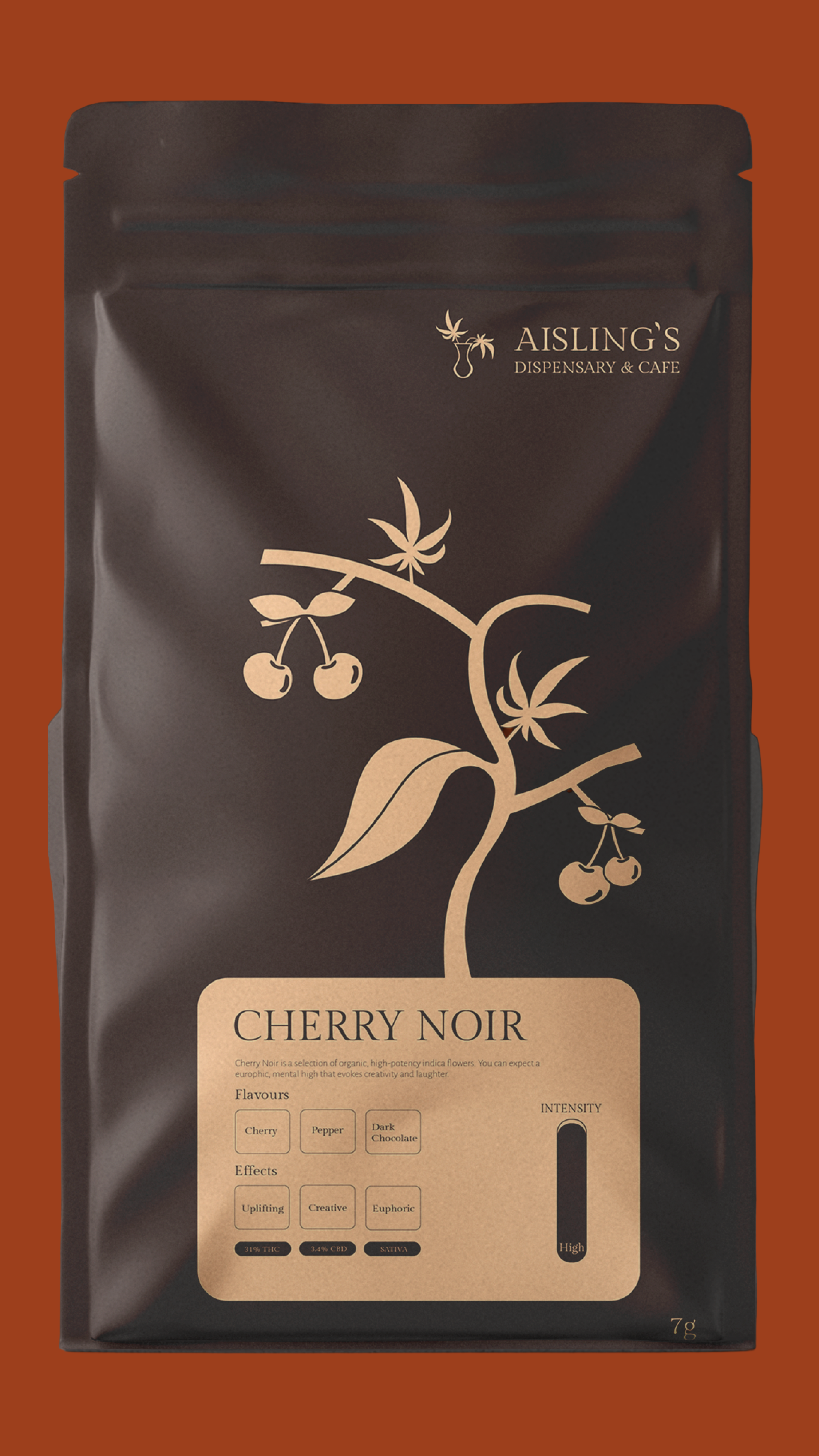 A black bag of Cherry Noir cannabis product from Aisling's Dispensary & Cafe with beige labeling and a stylized cherry and leaf illustration.