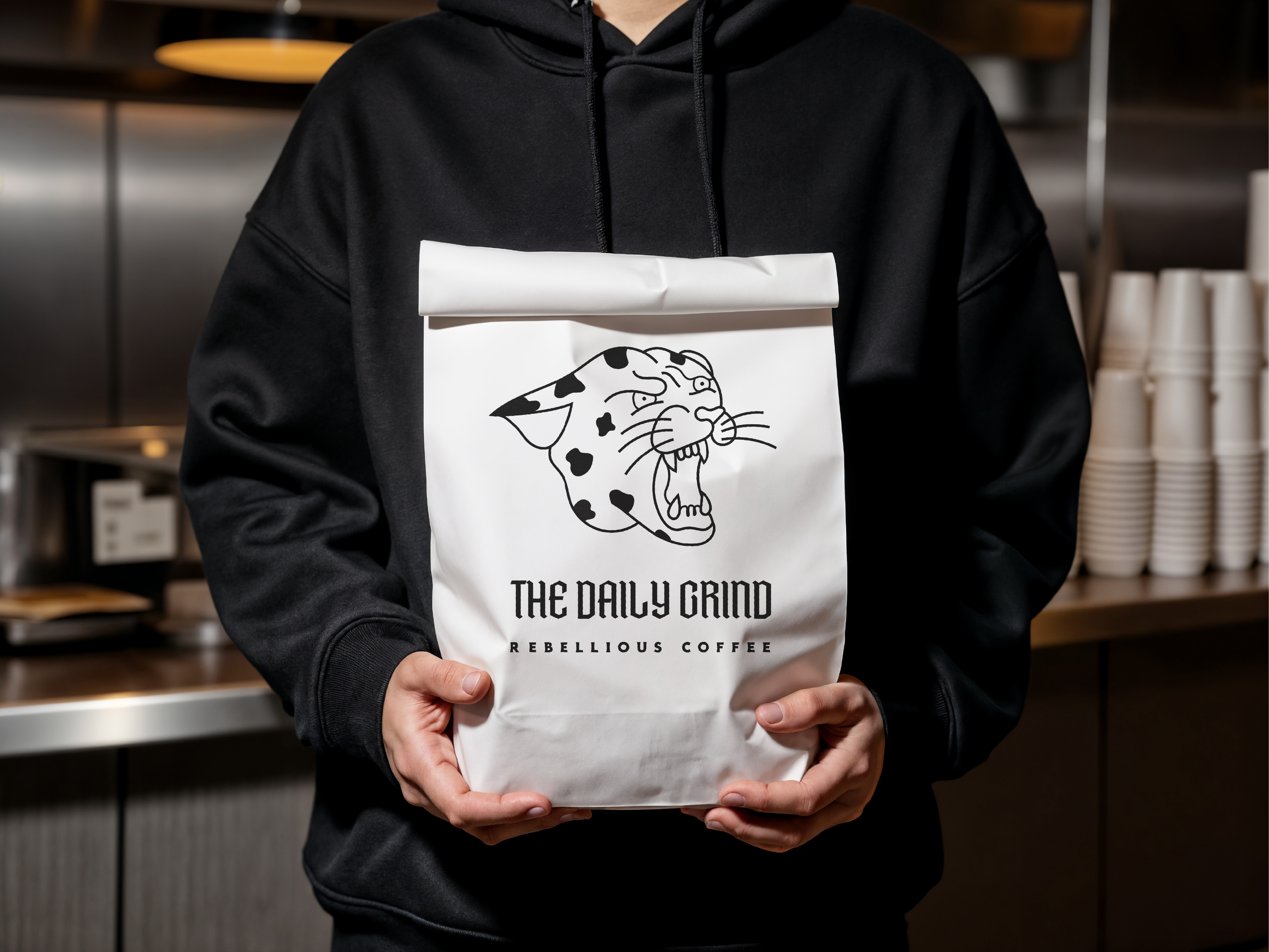 Person wearing a black hoodie and a coffee pouch with The Daily Grind logo on it, standing in a coffee shop or kitchen environment.