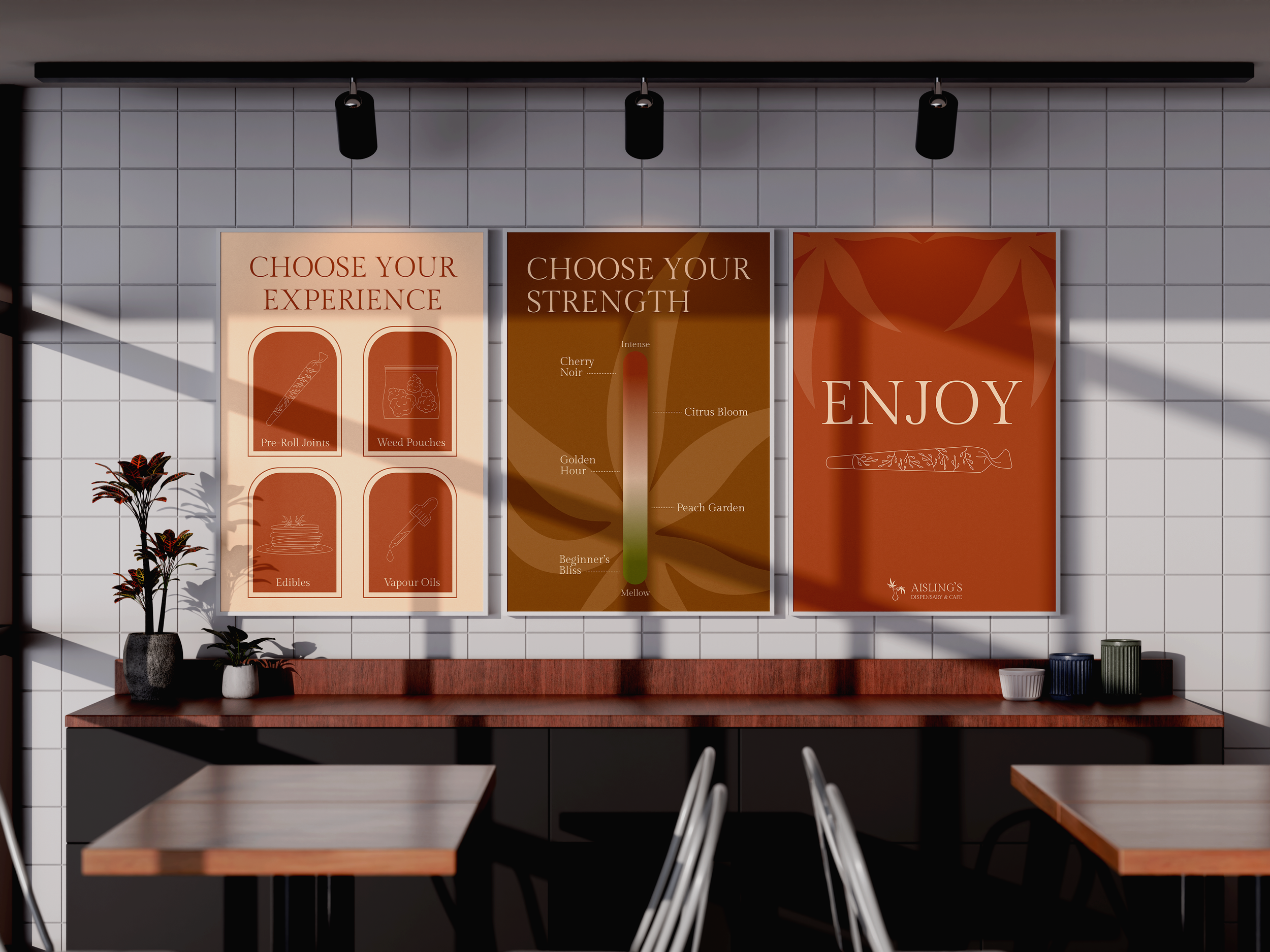 Interior view of Aisling's dispensary with white tiled walls, three large posters with white text and graphics, black track lighting, and a wooden counter with potted plants and cups.