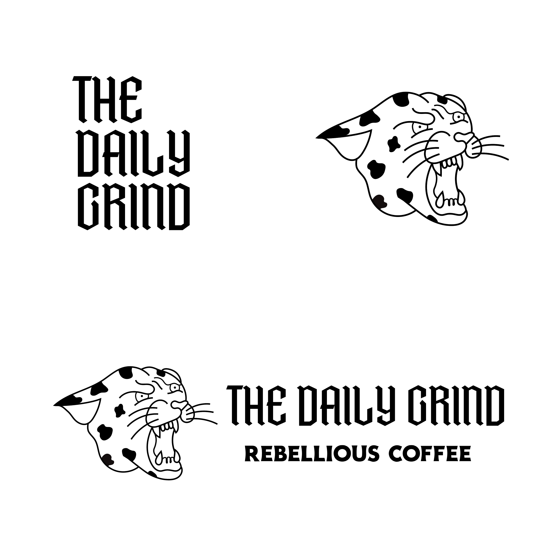 Text that reads 'The Daily Grind Rebellious Coffee' with a black and white illustration of a fierce-looking leopard head. There are three examples of the logon variations.