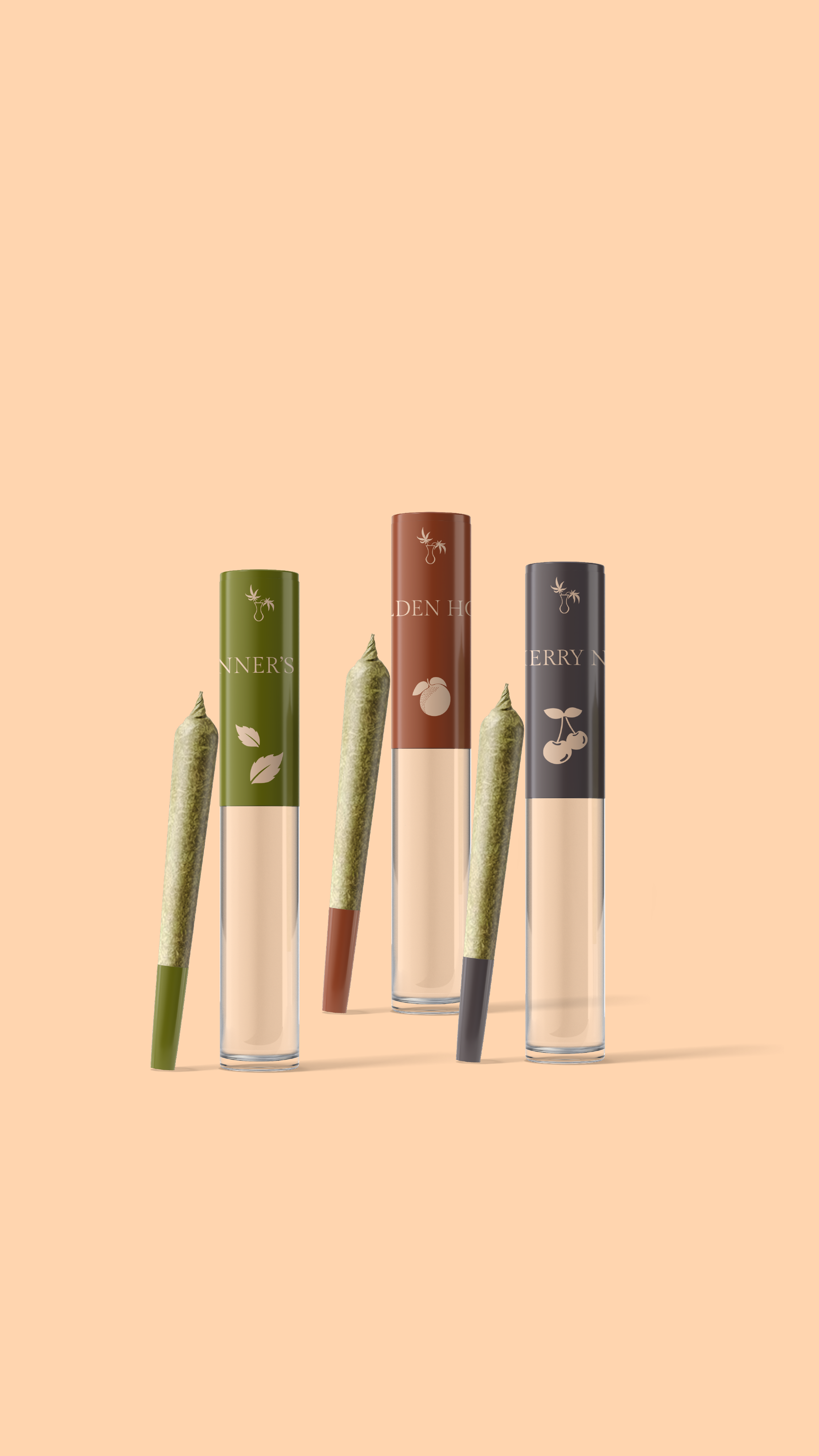 Five pre-rolled cannabis joints tubes with different brand packaging designs on a peach-coloured background.