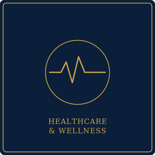 Graphic of a gold heartbeat line inside a gold circle, on a navy blue background, with the text 'Healthcare & Wellness' below.