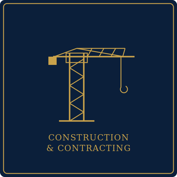 Graphic of a construction crane with the text 'Construction & Contracting' below it on a blue background.
