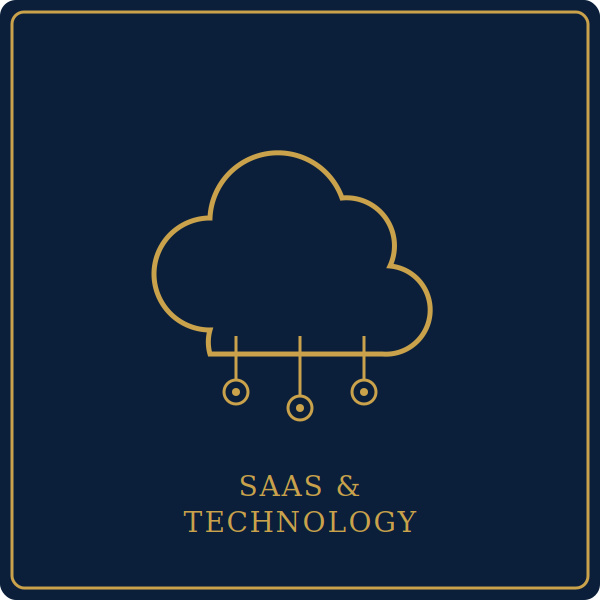 Icon of a cloud with three lines and circles underneath, above the text 'SAAS & Technology' on a dark blue background with a gold border.