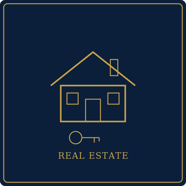 Minimalist logo of a house with a key and the words 'Real Estate' on a dark blue background.