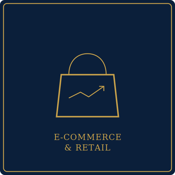 A dark blue background with a gold outline of a shopping bag containing an upward trending arrow, with the words 'E-Commerce & Retail' in gold below.