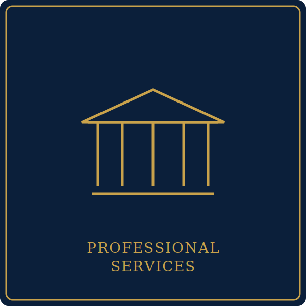 Dark blue background with a gold outline of a government or institutional building and the text 'PROFESSIONAL SERVICES' in gold.