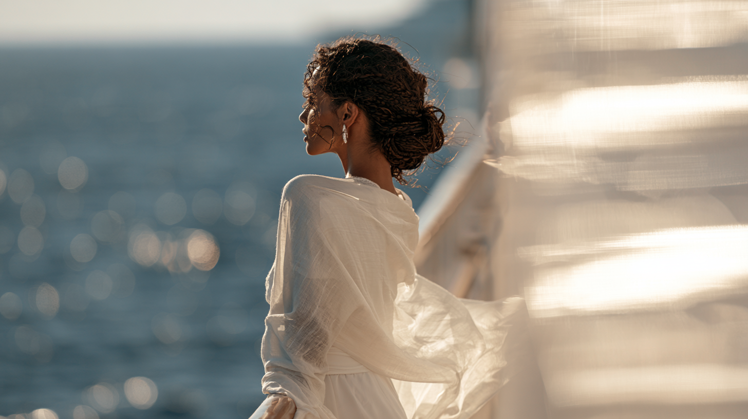 Side profile of a stylish Black woman with braided hair updos looking at the ocean from a luxury cruise ship balcony, wrapped in a flowing white cashmere pashmina shawl at sunset