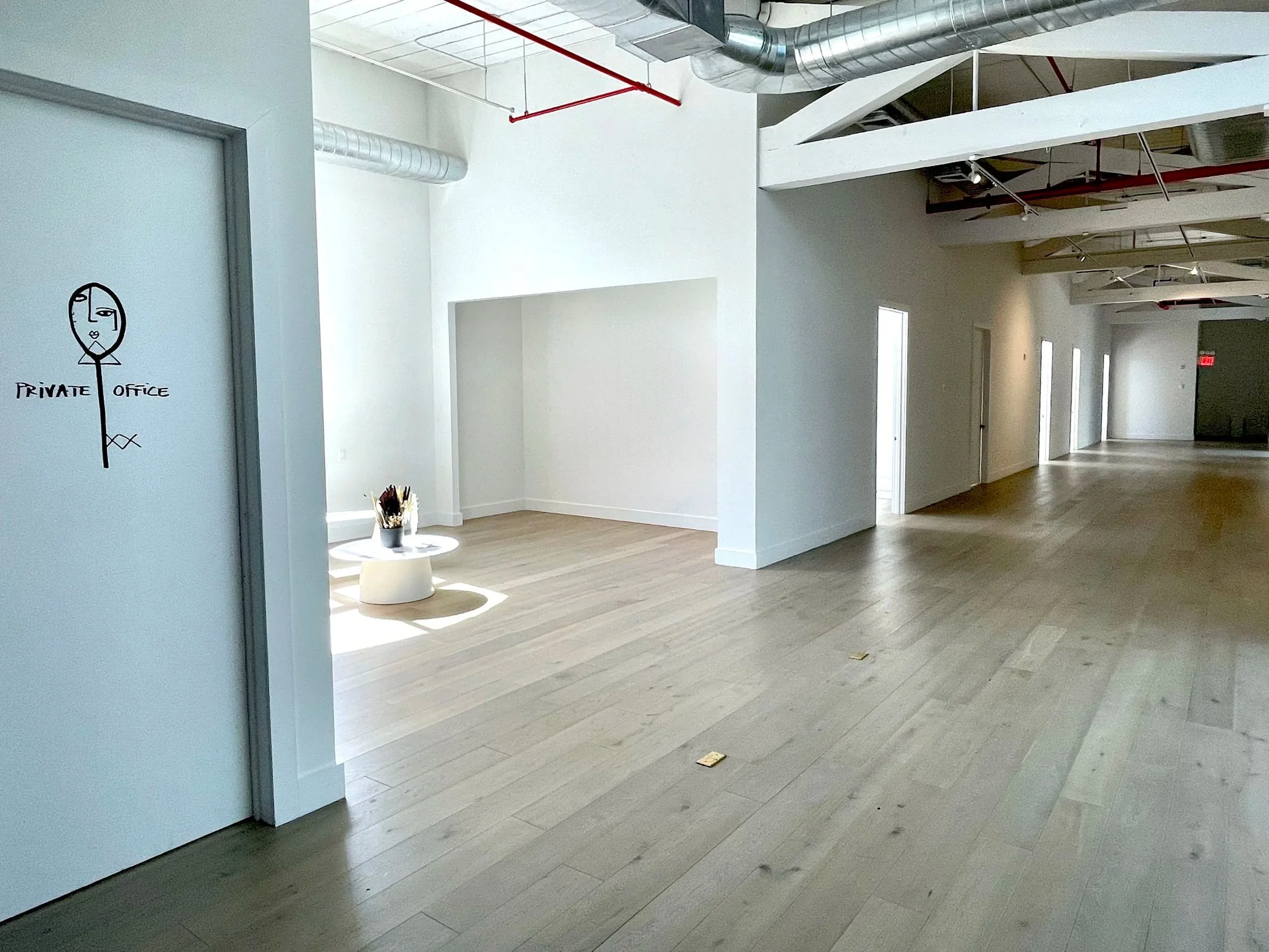 The Brooklyn Rare Book Fair venue: An interior view of an empty office space with white walls, several windows, and a hallway. There is a decorative white table with a flower vase and a lamp on it.