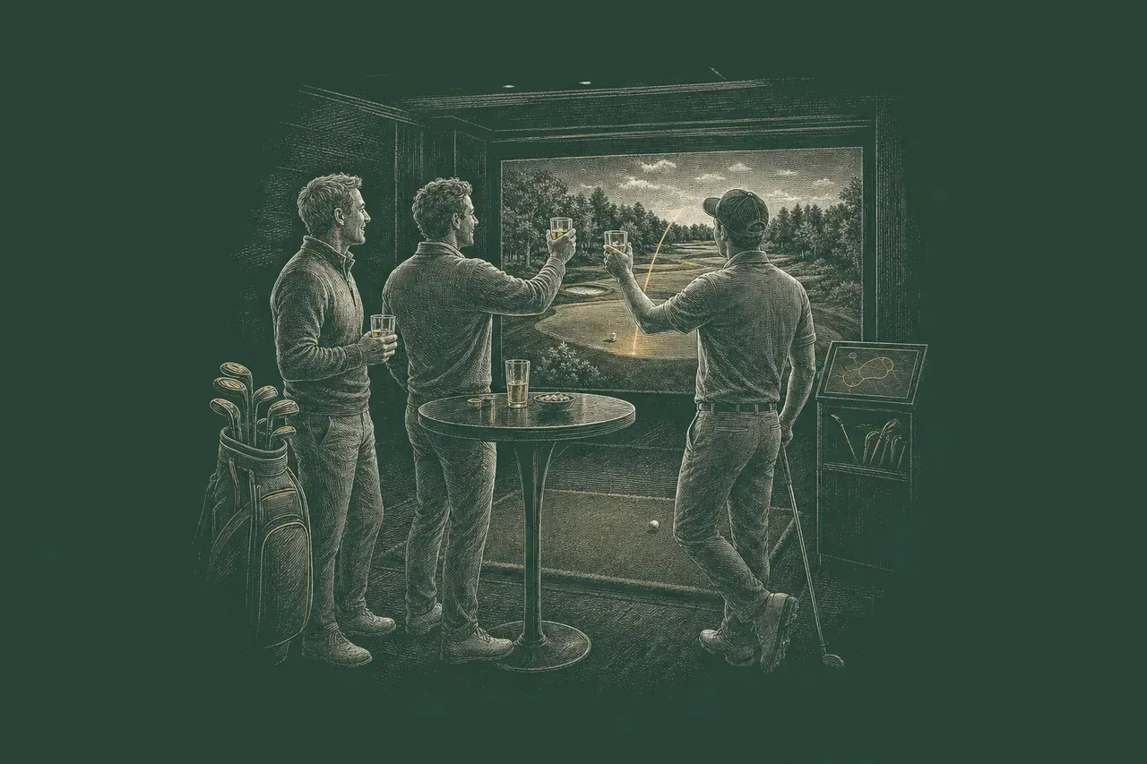 Four men in a golf simulator game room holding drinks, with one man holding a golf club, watching a virtual golf course on the screen.