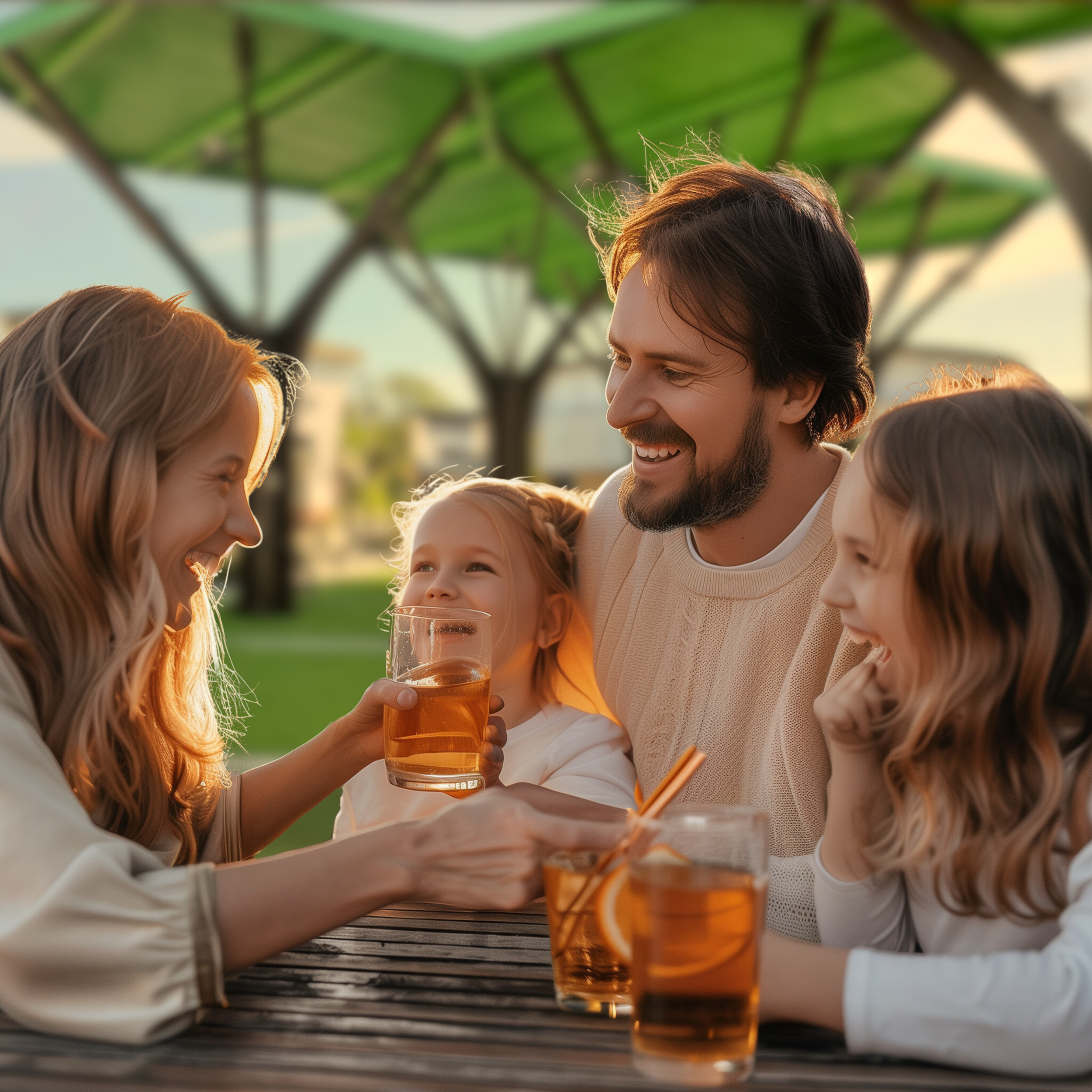 A group of friends sitting at a bar or outdoor table during sunset, smiling and chatting, with drinks present, under a canopy with a blurred background.
