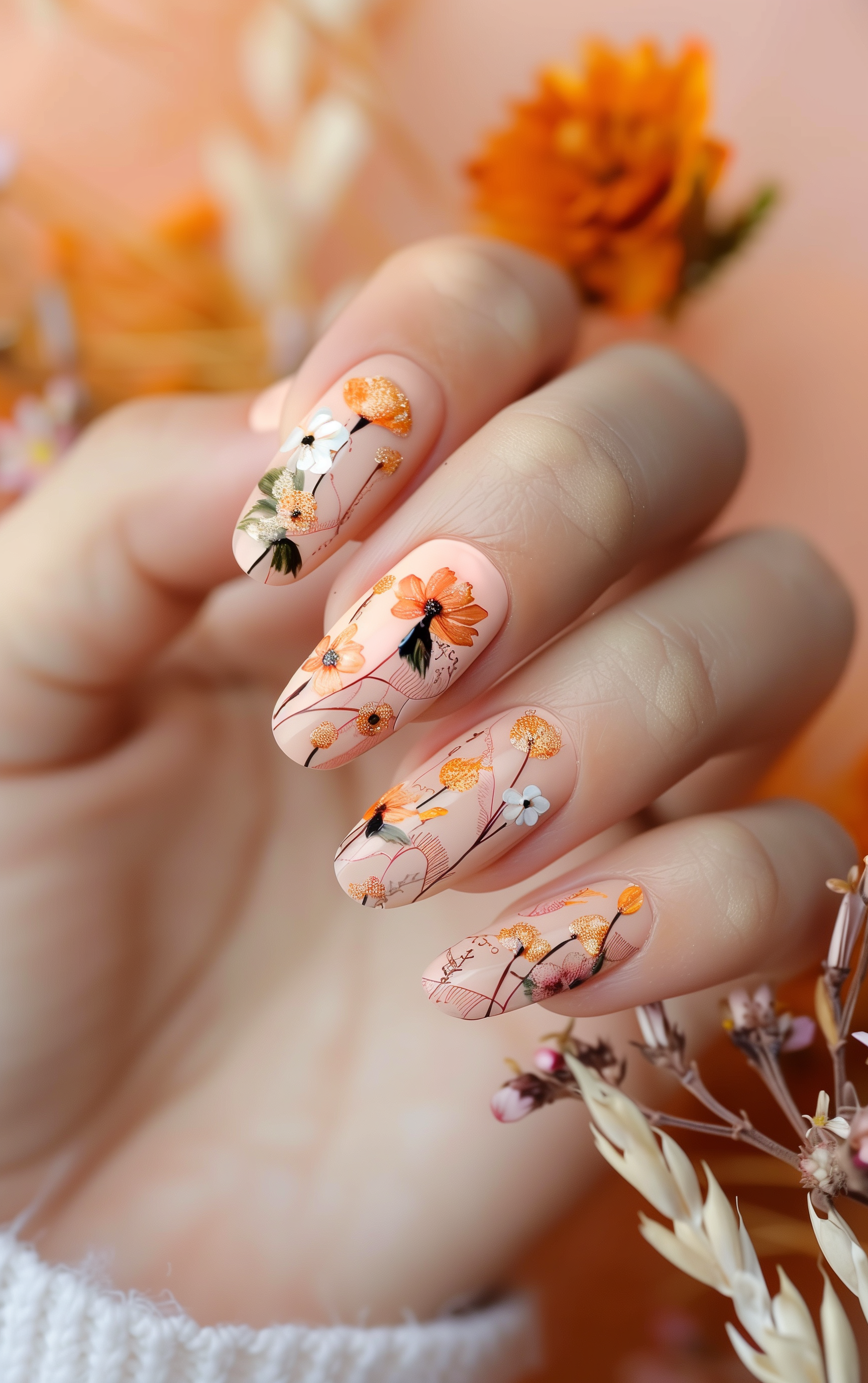 Close-up of a hand with floral nail art featuring white, orange, and black flowers on a pink background, surrounded by orange and white flowers.