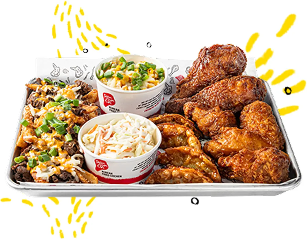 A metal tray of chicken wings, black bean dip topped with cheese and green onions, coleslaw, and two cups of broccoli salad.