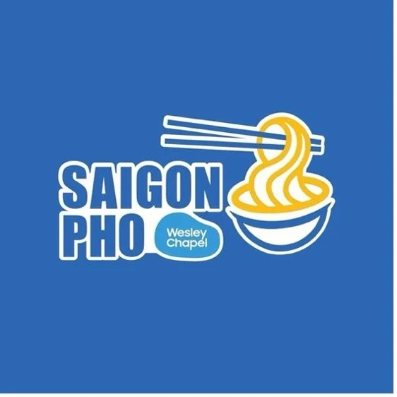 Logo of Saigon Pho, featuring a bowl of noodles with chopsticks and the text Wesley Chapel.