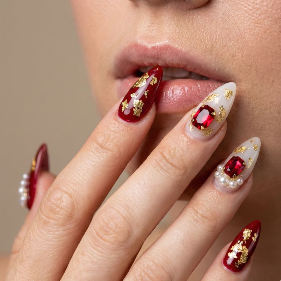 Close-up of a person with glamorous red and white nails decorated with gold accents, pearls, and large red gemstones, touching their lips.