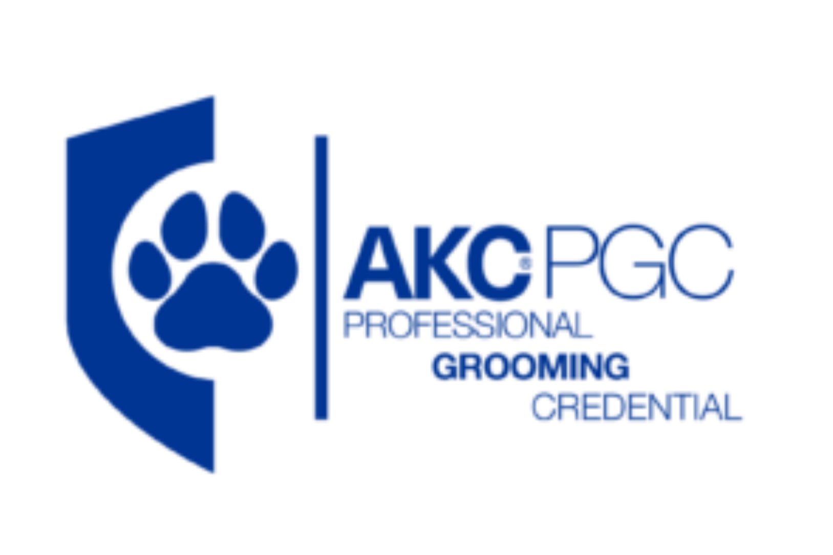 Logo of Akcpc, a professional grooming and credential organization, featuring a paw print icon and text that reads 'AKCPC Professional Grooming Credential'.