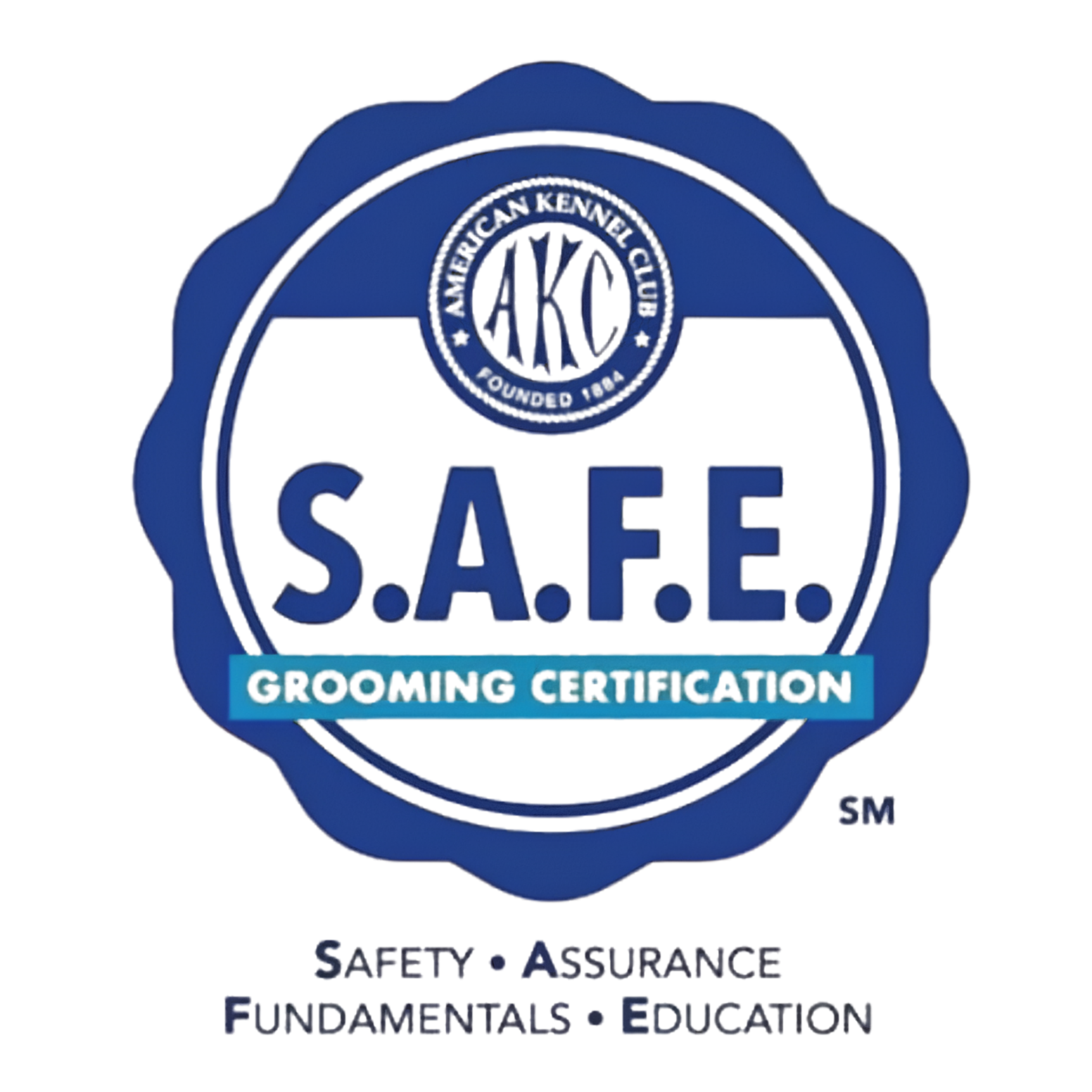 Badge with blue border and the words "S.A.F.E." and "Grooming Certification" in the center, with the A.K.C. logo at the top and additional text reading "Safety, Assurance, Fundamentals, Education" below.
