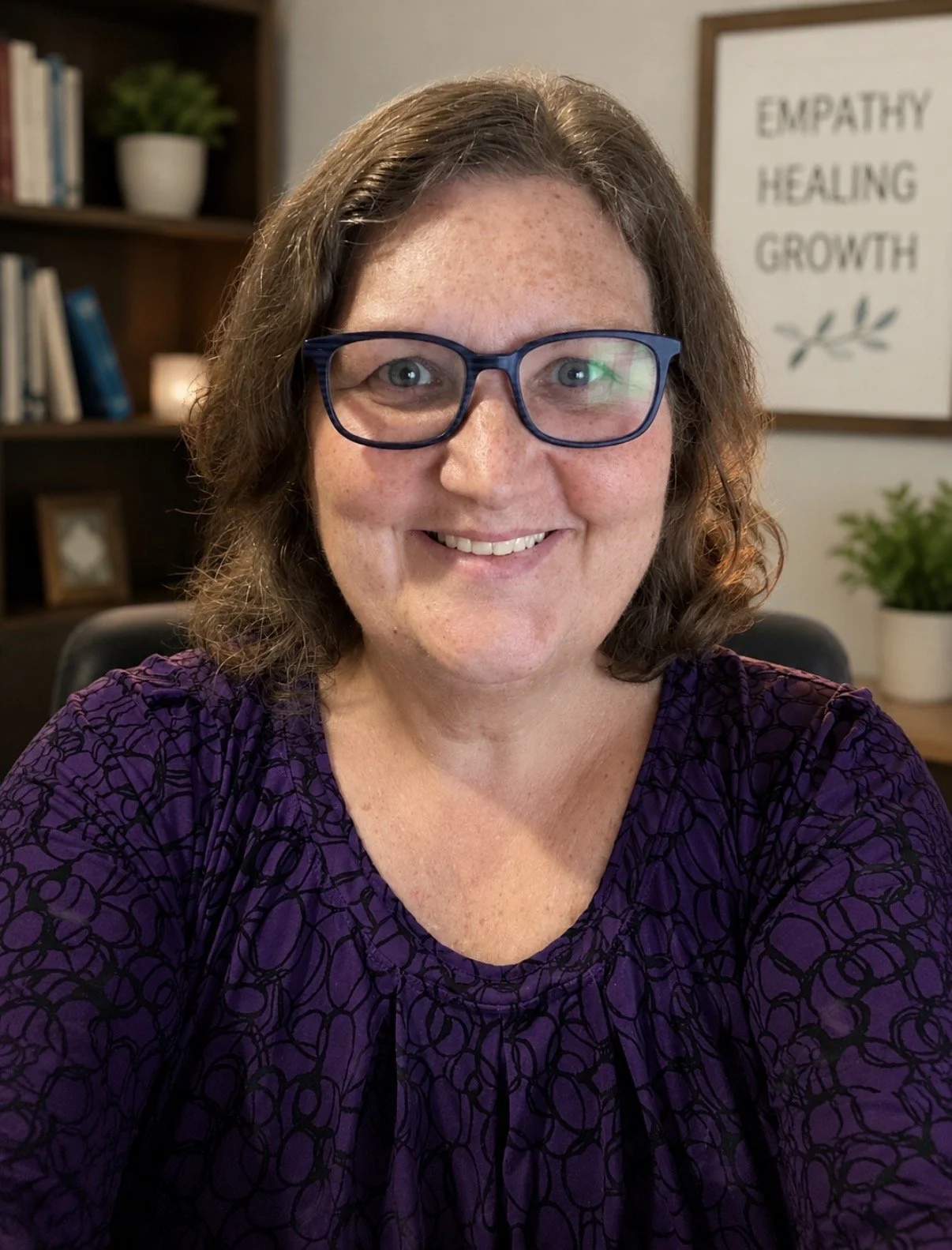 A woman with glasses and curly brown hair, smiling in an office or home setting, with a bookshelf, a potted plant, and a motivational poster in the background.