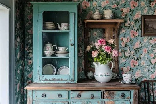 A vintage blue kitchen cabinet with dishes inside, a large white vase with pink flowers on a wooden table, floral wallpaper with pink roses.