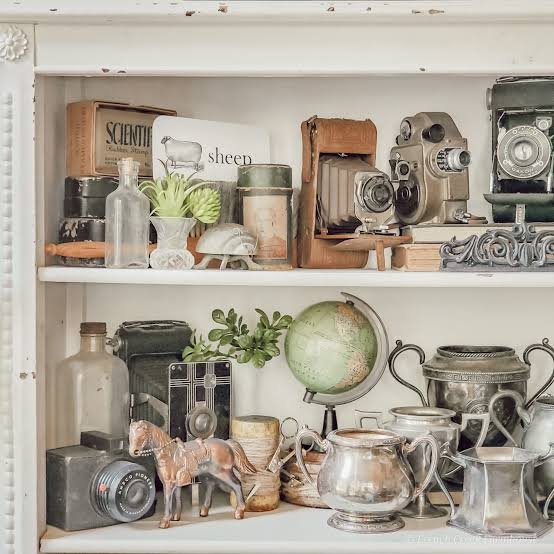 A white bookshelf filled with vintage items including old cameras, glass bottles, a globe, plants, and antique kitchenware.