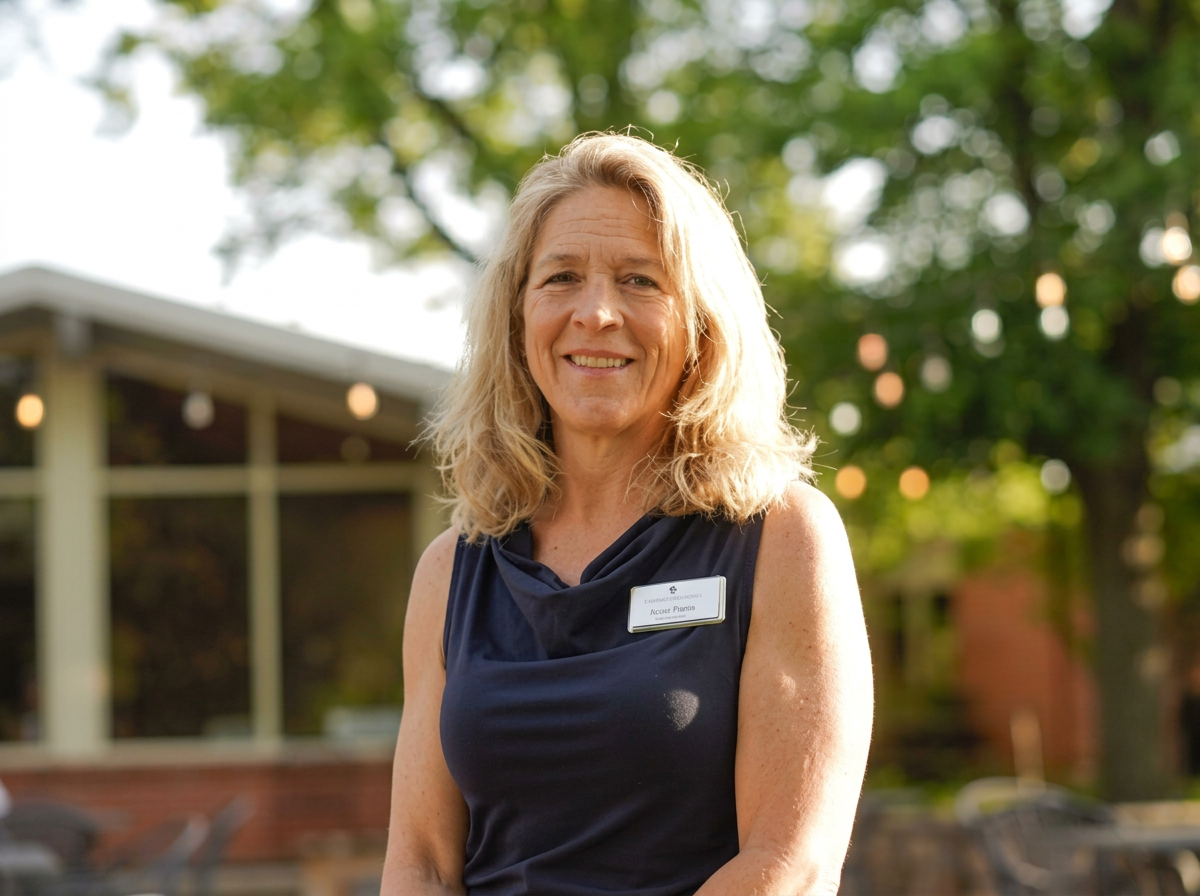 A smiling woman with shoulder-length blonde hair wearing a sleeveless navy blue dress and a name tag standing outdoors in front of a green tree and a building with large windows.