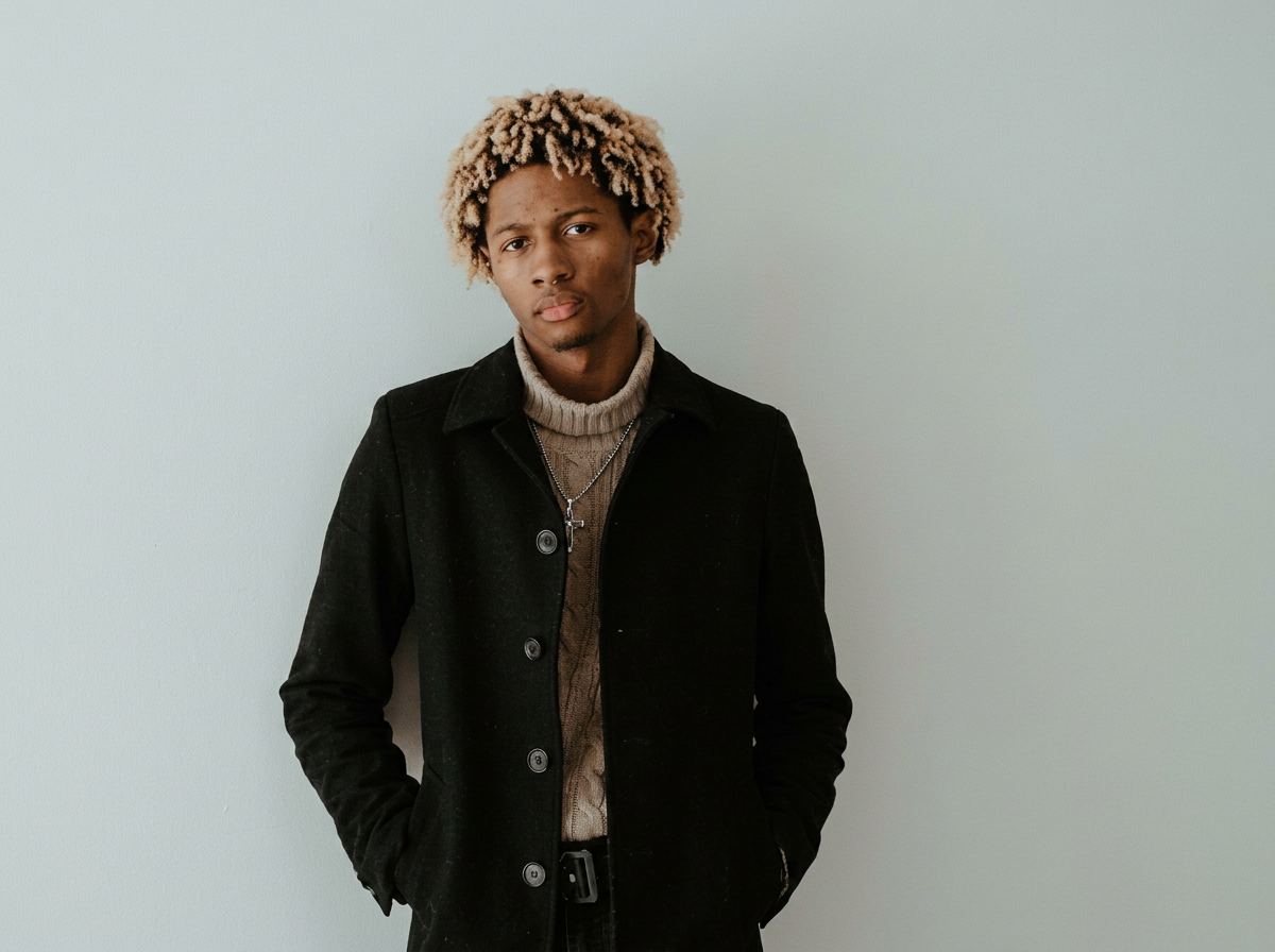 Young man with blond dreadlocks wearing a black coat and beige turtleneck standing against a light-colored wall.