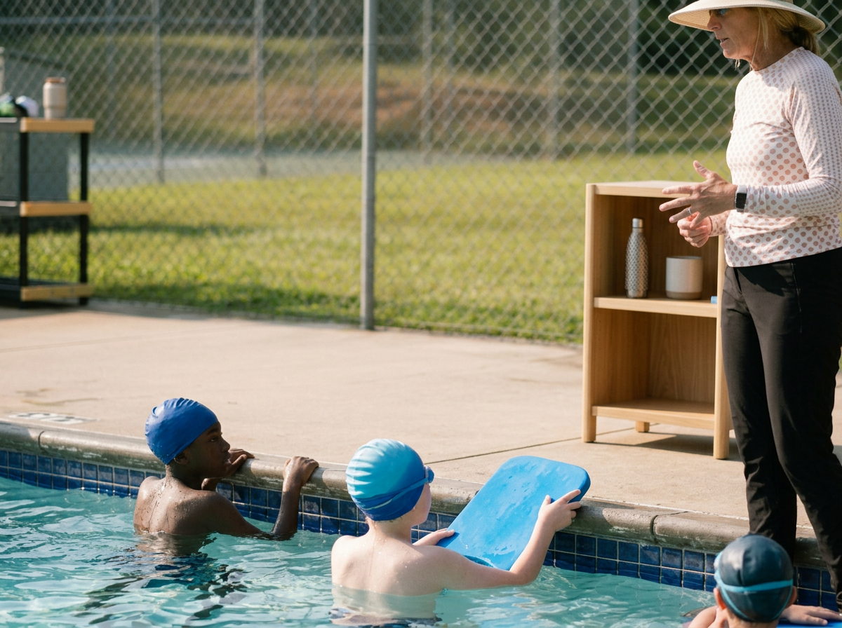 A swimming lesson at an outdoor pool with a woman instructor instructing two children, one boy holding a kickboard, as they listen attentively.