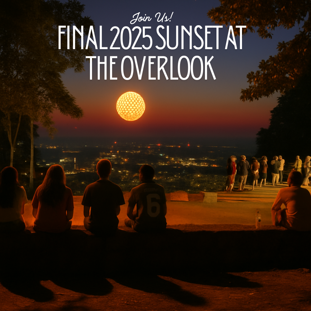 People sitting and standing at sunset overlooking a cityscape with a large, glowing, patterned sun in the sky, promoting an event called 'Final 2025 Sunset at the Overlook'.