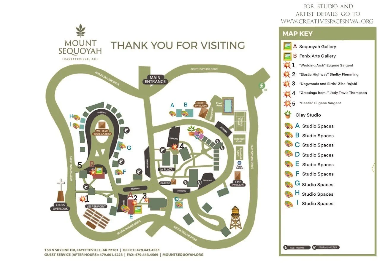 Map of Mount Sequoyah in Fayetteville, Arkansas, with labeled locations, art studio sections, and a key for galleries and studio spaces.