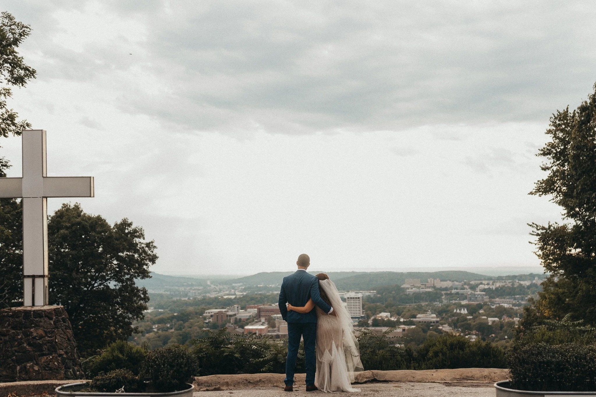 A couple, with the man wearing a suit and the woman in a wedding dress, embracing and standing on a hill overlooking a cityscape, with trees and cloudy sky in the background.