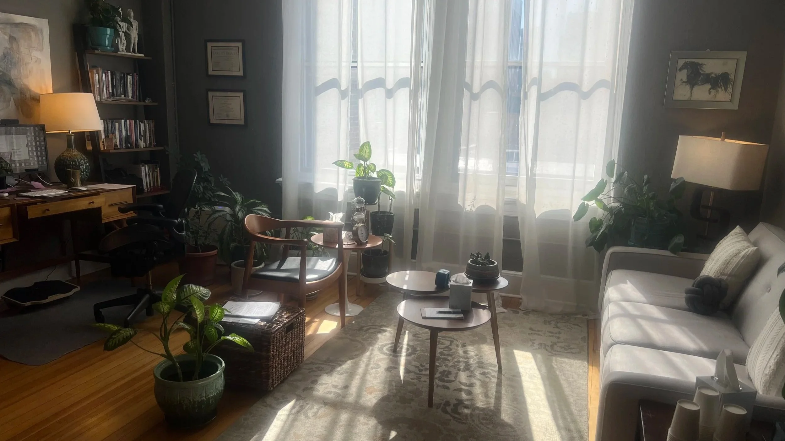Warm, light-filled psychotherapy office in downtown Raleigh, North Carolina