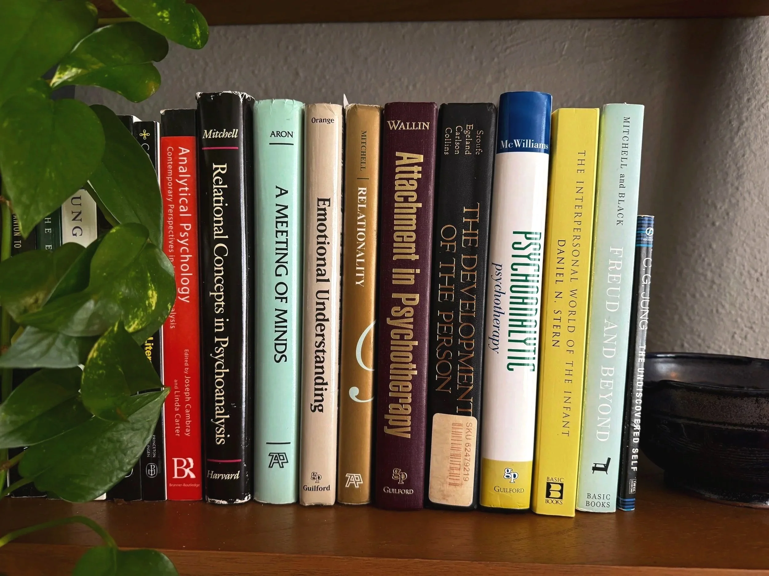 Books on psychoanalysis, psychotherapy, attachment, and human development in Colette Segalla’s office.