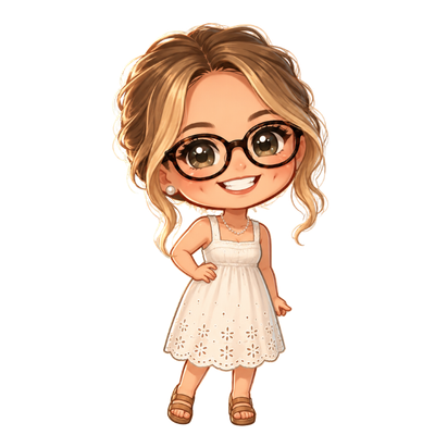 Cartoon illustration of a smiling girl with curly hair, glasses, a white dress, and sandals, standing with her hands on her hips.