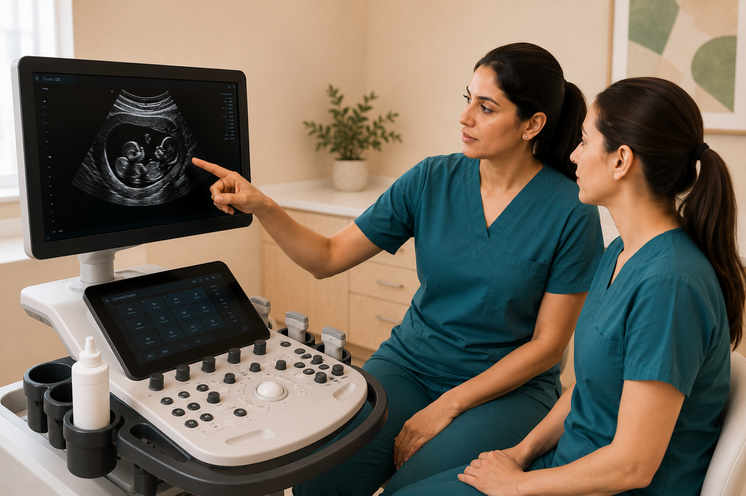 Ultrasound educator reviewing a scan with a sonographer