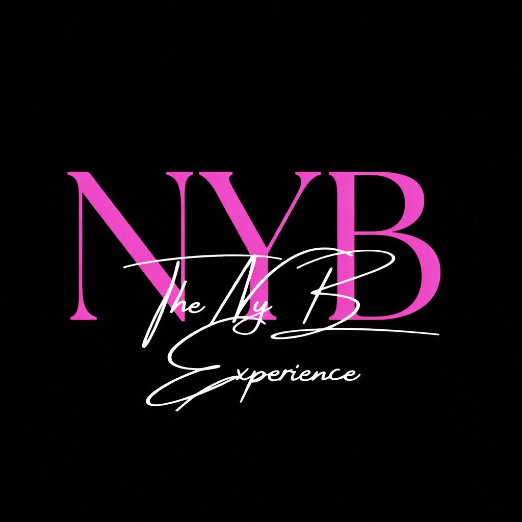 Logo with large pink letters 'NYB' and cursive text 'The NYB Experience' on black background.
