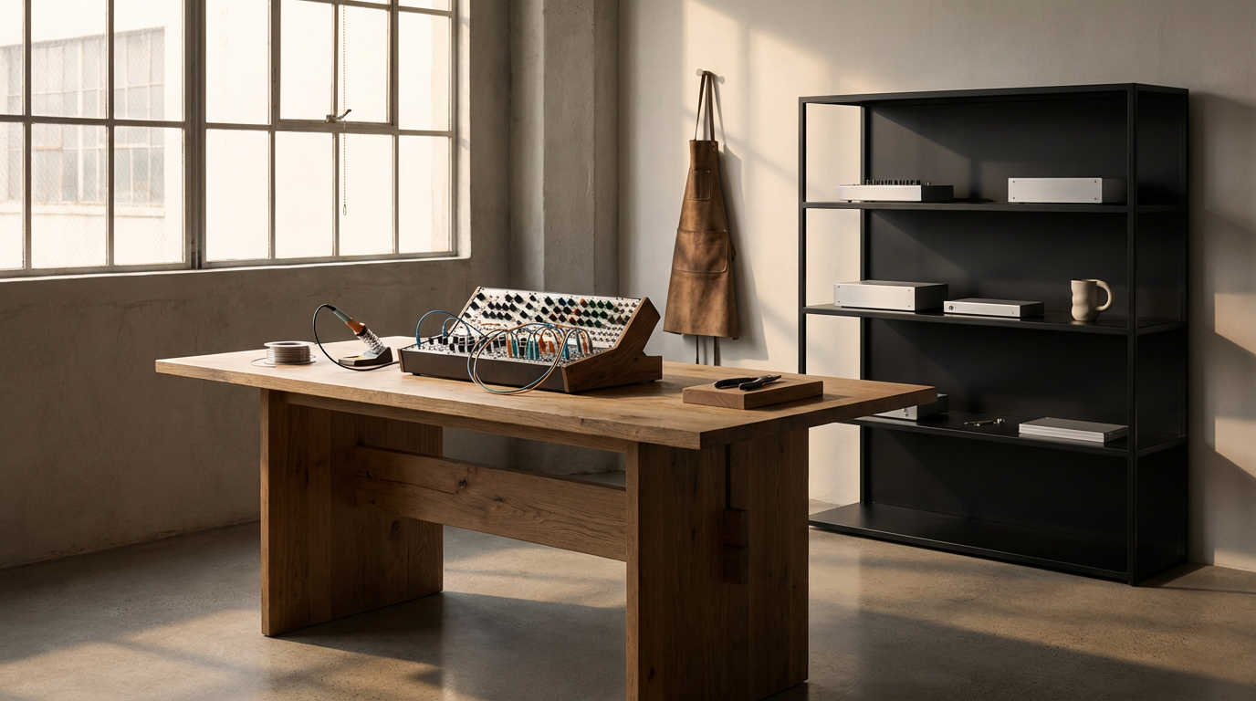 A room with a large window, a wooden table with audio equipment, and a black bookshelf with white binders and a mug.