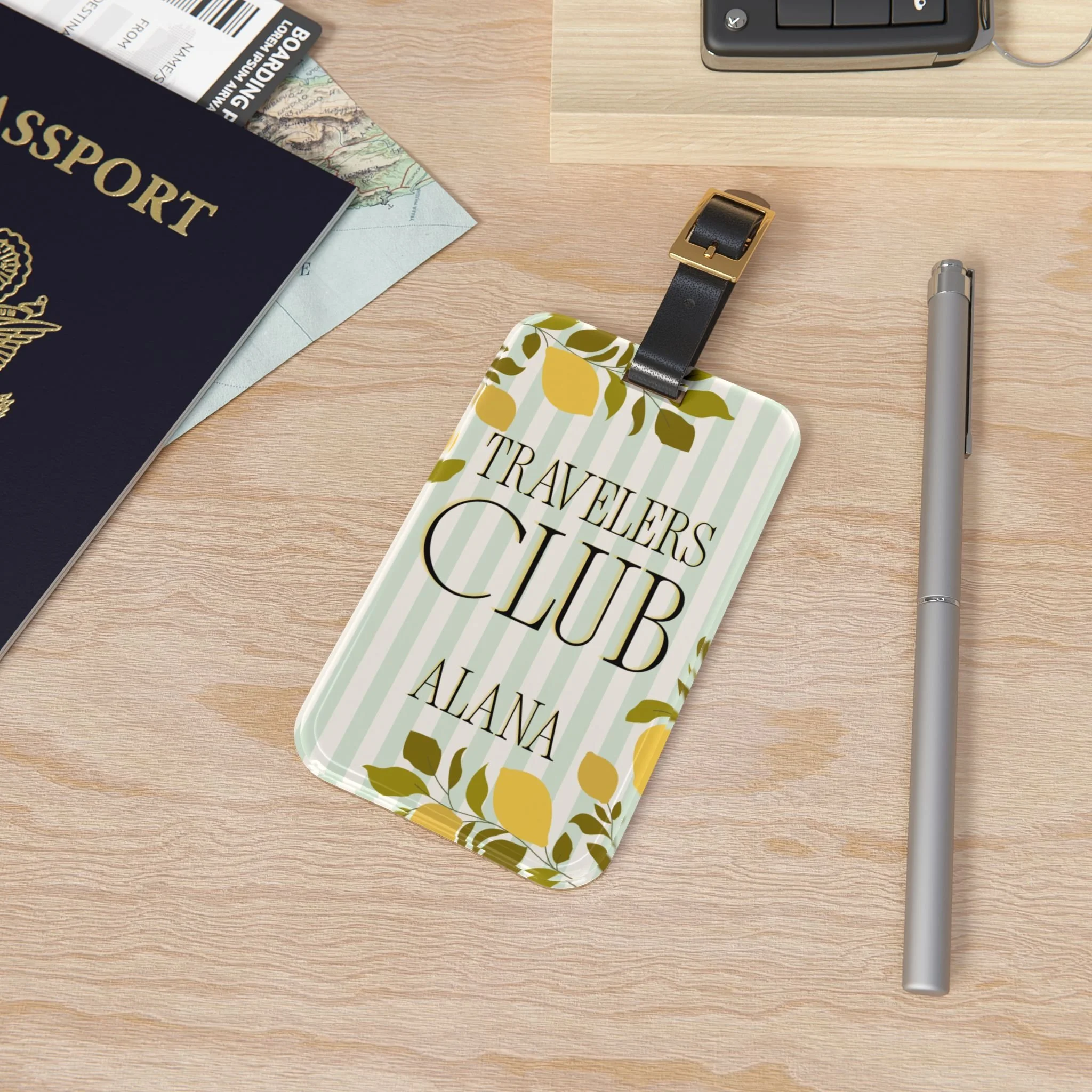 Travelers Club Luggage Tag | Striped Leaves & Lemons Personalized Bag ID