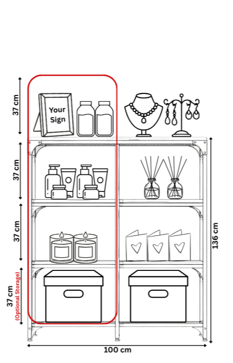 Illustration of a shelf with six sections, showing various objects. Top left section has a black frame; top right has a potted plant. Middle left contains two radios; middle right has a dark object. Bottom sections are empty.