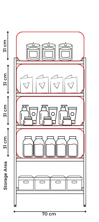 A metal shelving unit with four red trays containing black six-pack cans on top and three white trays below holding black bottles, all against a plain background.