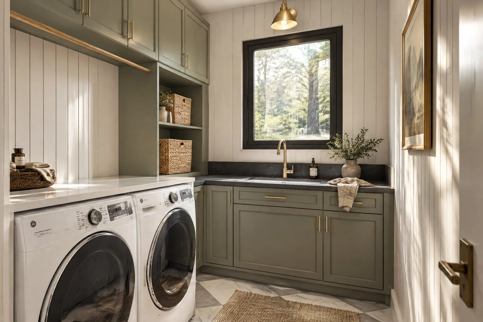 Custom laundry room design with green cabinets, checkerboard tile floors, brass fixtures, quartz countertops, and open shelving with woven baskets