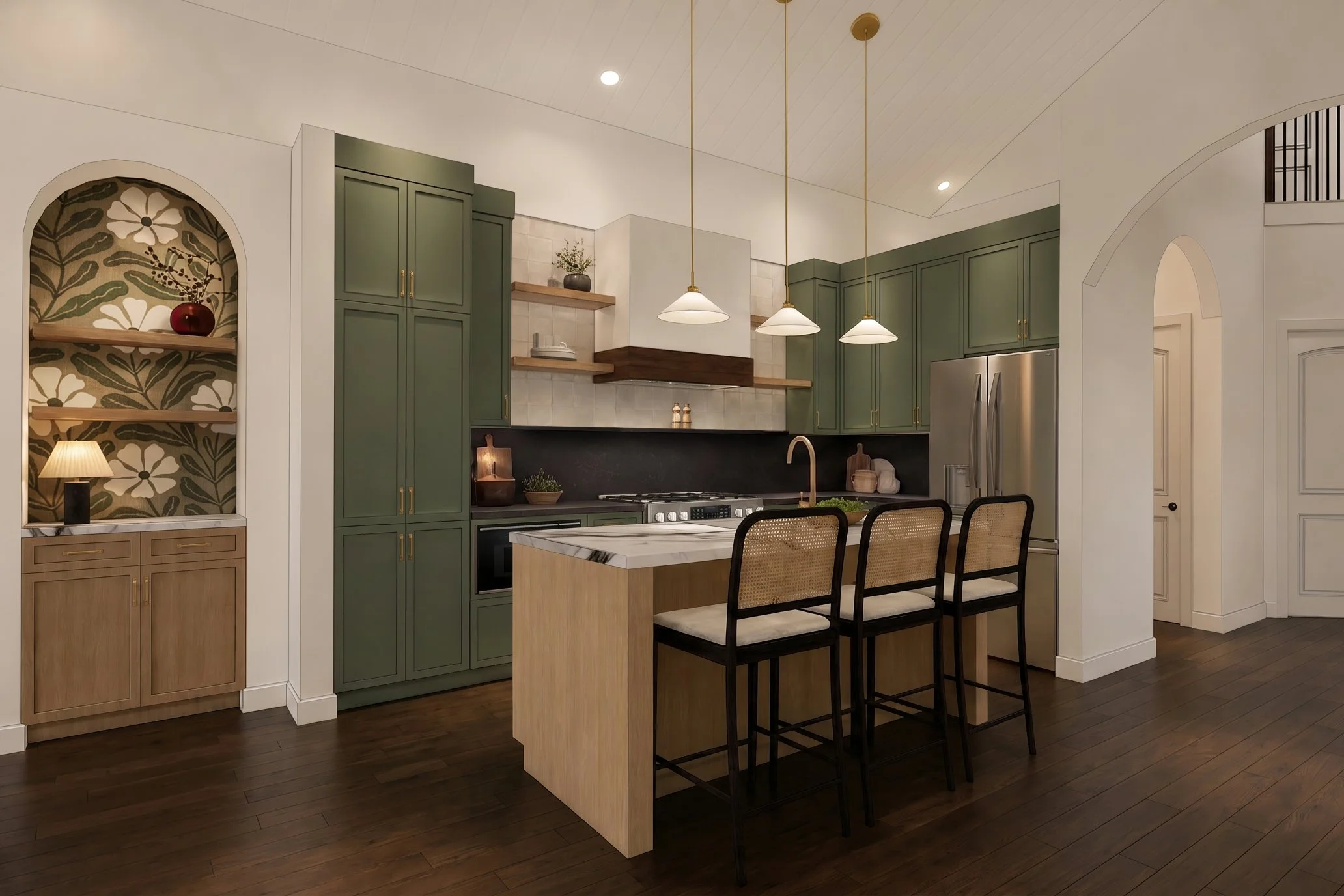 Custom new build kitchen design with green and stained wood cabinetry, brass and milk glass pendant lighting, dark hardwood floors, floral wallpaper coffee nook, and quartz countertops with a full-height backsplash