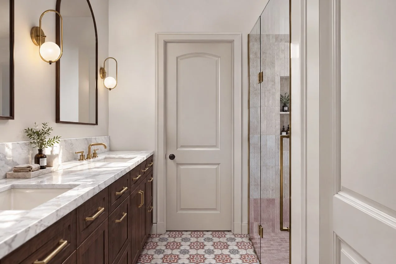 Primary bathroom design combining a rich wood vanity, brass lighting, black-framed mirrors, patterned floors, and soft pink and white shower tile