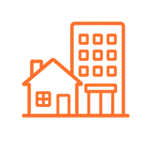 Illustration of a house and a multi-story building in orange outline