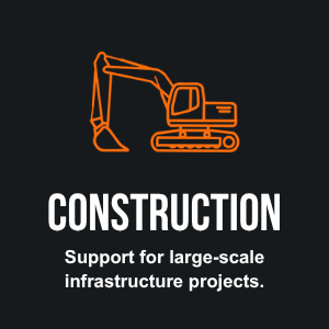 Orange outline of an excavator on a black background with the word 'CONSTRUCTION' and text supporting large-scale infrastructure projects.