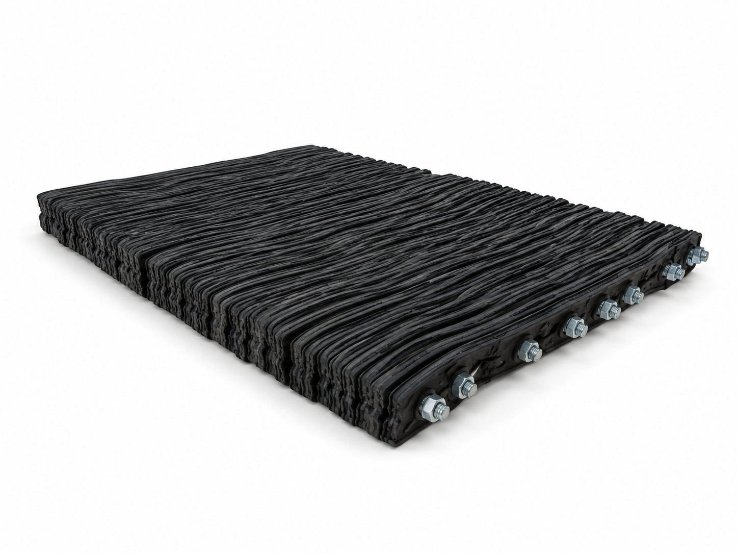 Black rubber mat with metal bolt fasteners on white background.