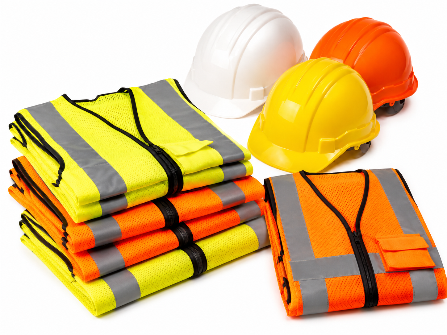 Stacked safety vests, three construction helmets in white, yellow, and orange, and additional orange and yellow safety vests.