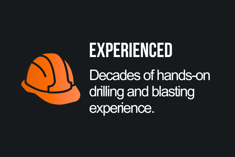 Graphic with an orange safety helmet and the text "Experienced: Decades of hands-on drilling and blasting experience."