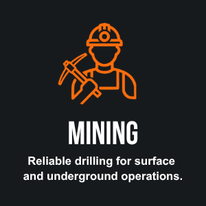 Icon of a miner wearing a helmet and holding a pickaxe, with the word 'MINING' and the phrase 'Reliable drilling for surface and underground operations'.